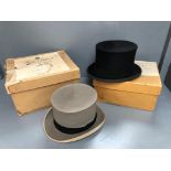 Modern black faux fur top hat & a grey top hat by Scotts (both boxed)