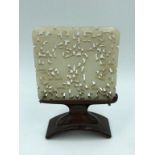 C18th/19th pierced and carved jade plaque, wood stand, 11x7 cm