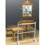 Shell inlaid toilet mirror, pegged oak wall shelf, pine stool, pedestal table & towel rail (5)