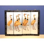 Chinese 4 panel wooden wall hanging depicting cranes each panel 91 x 30.5 cm