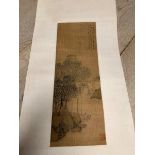 Chinese C19th ink colour scroll, oriental house in landscape 136x39 cm