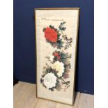 Chinese scroll depicting red & white flowers framed & glazed 48 x 112 cm