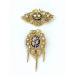 15ct Gold enamel & seed pearl pendant & brooch