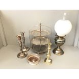 Pair of plate candlesticks, white metal coaster & a 3 tier cake stand, oil lamp & brass candlestick