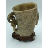Song/Ming dynasty jade cup, wood stand, 10 cm H