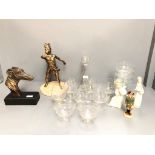 2 Lladro figurines, figure of a hound dressed as a huntsman, a decanter, 6 brandy glasses, 7 glass
