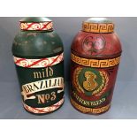 2 1960s lidded coffee canisters, Green Mild Brazilian no 3, Red Sumatra Blend 46cm