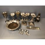 Collection of electroplated wares to include a pair of collumn candlesticks, wine coaster & other