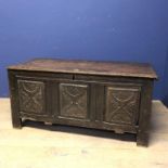 C18/19th Oak coffer with 3 carved oak front panels 116 x 56 cm