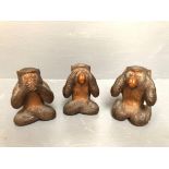 3 Early 20th C carved Japanese possibly Hokkaido hardwood monkeys depicting 'See, Hear & Speak No