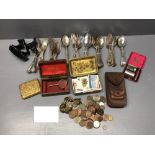 Collection of plates, cutlery, pair of gold plated lunettes, some vintage shaving inplements & a WW1