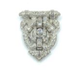 NO ONLINE BIDDING LOTS 1-30. Art Deco clip brooch in unmarked white metal, set throughout