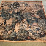 Antique tapestry wall hanging, depicting elephants, birds and foliage in a Bavarian style landscape,