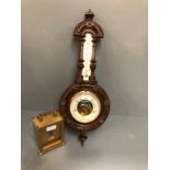 Small banjo barometer 54 cm with barometer below a mercury thermometer & small quartz clock