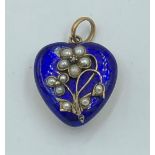 NO ONLINE BIDDING LOTS 1-30. Heart shaped mourning pendant, blue guilloche enamel front set