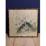Chinese C19th watercolour on silk, of 2 peacocks amidst flowers, F&G in bamboo style frame 38x41 cm