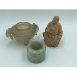 C19th jadeite archers ring, soapstone figure, agate censer, 11 cm H