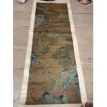 Chinese C18th/19th watercolour scroll, scholars in landscape 190x52