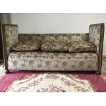 Unusual purpose build 3 seater square show framed oak sofa upholstered in taupe velvet brocade