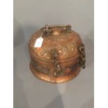 Asian beaten & embossed & copper spice tin with hinged lid opening with folding internal base,