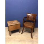 Oak captains chair with wicker seat & back panel & pine box commode
