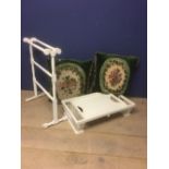 2 Large green velvet & needlepoint cushions painted towel rail & a breakfast bed tray