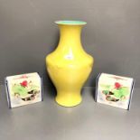 Oriental vase, yellow with turquoise interior 35 cm & 2 pillow vases