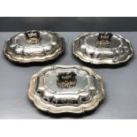 Set of 3 shaped rectangular silver entre dishes & covers with ornate detachable handles, Sheffield