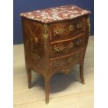 Good French cross banded & marquetry serpentine Kingwood 3 drawer commode with ormolu mounts beneath
