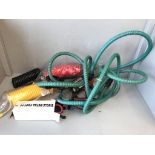 Unused 3 lorry air hose leads (yellow, red, black), foot pump, electric pup with hose & leads
