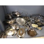 Large quantity of silver plated items to include 4 piece tea & coffee set, lidded chafing dishes etc