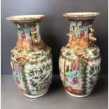 Pair of Canton famille vert pattern vases 36 cm