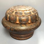 C18/19th Oriental papier mache lidded bowl deocorated in gilt to a black ground ( the lid broken &