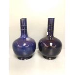 Near pair of C18/19th blue narrow neck bottle vases 25 & 26 cm H damage to neck of one, 2 chips to