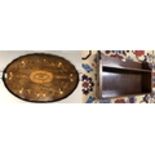 Good oval marquetry inlaid mahogany tray with wavy galleried edge (2" break) with brass handles 66 X