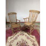 Modern pine Windsor rocking chair, & good light beech rocking chair with bergere cane seat