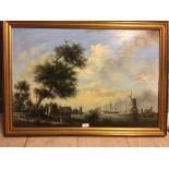 Oil on board Dutch scene of C19th figures, windmills & ships on water monogrammed lower right 52 x