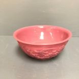 Chinese pink glass bowl with raised floral & bird decoration 7 x 16 cm dia