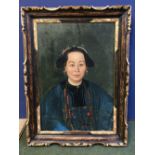 Chinese C19th oil painting on canvas, depicting oriental lady in blue robe 65x46 cm