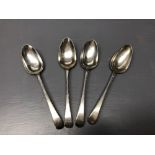 Set of 4 C18th silver dessert spoons with bright cut decoration, London 1773 makers stamp 'ST' 182g
