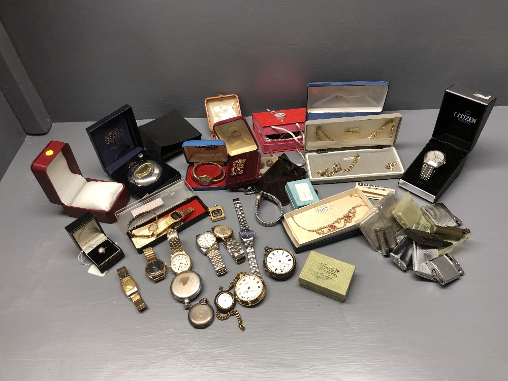 Collection of wristwatches,costume jewellery,pocket watches, 18ct white gold & diamond ring, coins