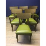 Set of six Philippe Hurel Paris oak and leather dining chairs on square tapering legs , with green