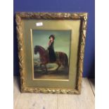 Ornate gilt framed oil painting portrait of a regal lady on horse back 32 x 23 cm