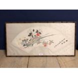Chinese C19th watercolour, fan of flowers, framed 31x63 cm