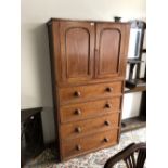 Victorian satin walnut veneer & pine small clothes press cupboard above 4 long graduated drawers