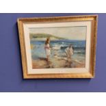 Framed oil painting of children at the seaside beach paddling 31 X 40 cm