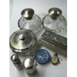 Collection of sterling silver bijouterie items to include silver topped glass items, perfume bottles