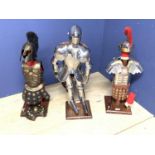 Metal model of knights armour on a stand 67 h cm & 2 other armoured figures
