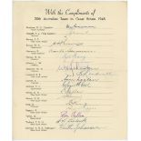 Australia tour to England, 1948. Official autograph sheet signed by seventeen members of the touring