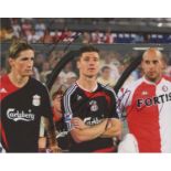 Liverpool. Colour photograph of Torres, Alonso and Reina standing in the dug out c2007/08. Signed by